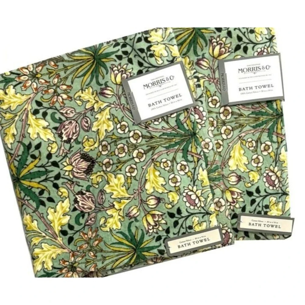 William Morris Set Of 2 Bath Towels Hyacinth Green Yellow Floral Cotton Velour